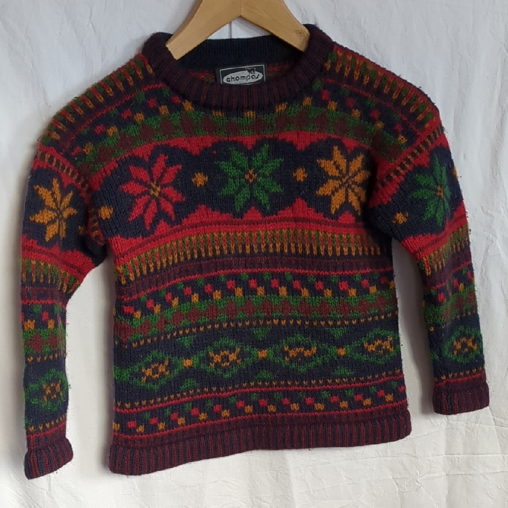 Red and Green Fair Isle Sweater with Thick Knit Design